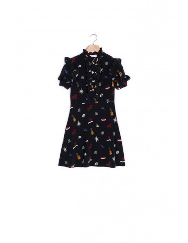 Robe en soie imprimée boutons strassés en linge